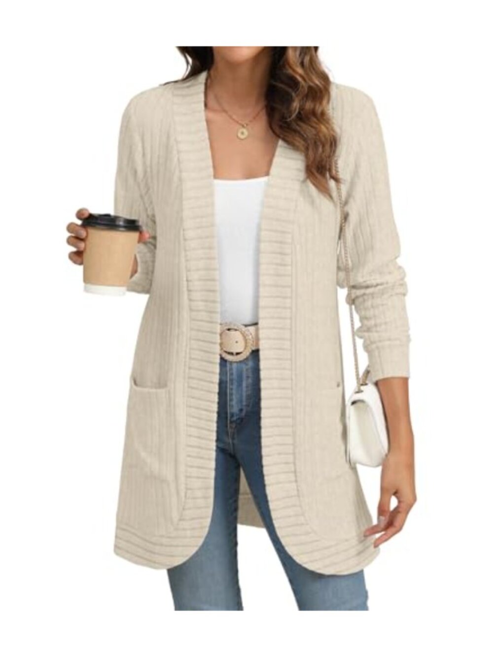 Open Front Cardigan Sweater Long Sleeve Ribbed Knit with Pockets